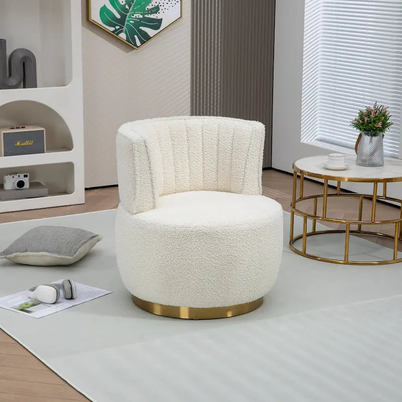 Fauteuil pivotant rond rembourré avec base dorée à rotation à 360 degrés