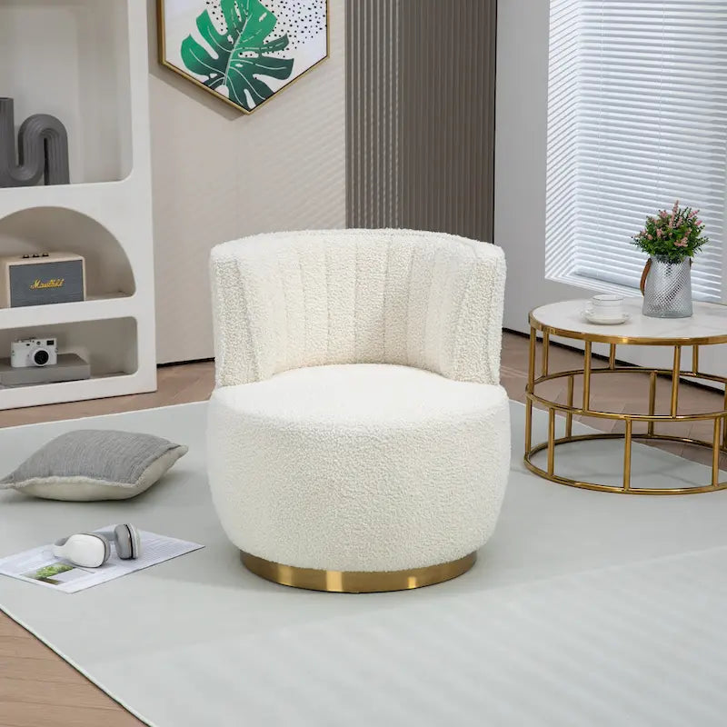 Fauteuil pivotant rond rembourré avec base dorée à rotation à 360 degrés