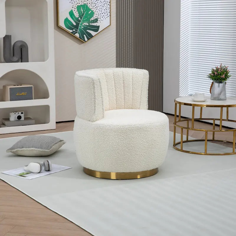 Fauteuil pivotant rond rembourré avec base dorée à rotation à 360 degrés