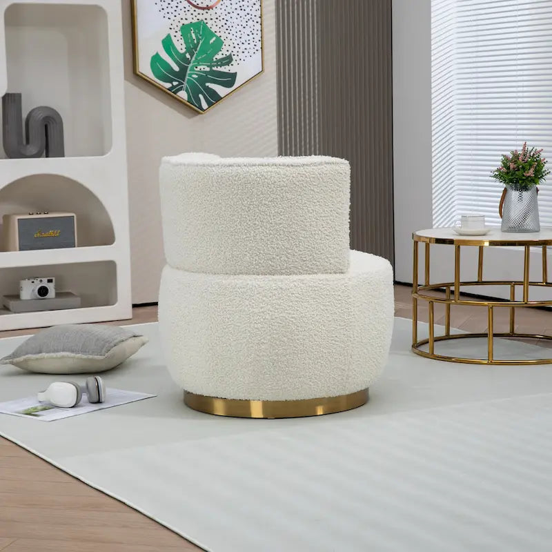 Fauteuil pivotant rond rembourré avec base dorée à rotation à 360 degrés