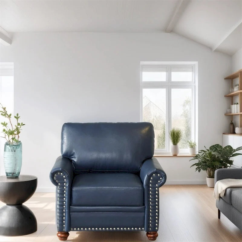 Fauteuil d'appoint en similicuir bleu marine avec clous décoratifs et pieds en bois