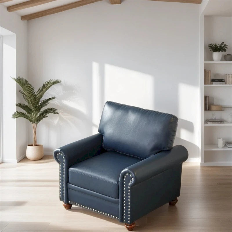 Fauteuil d'appoint en similicuir bleu marine avec clous décoratifs et pieds en bois
