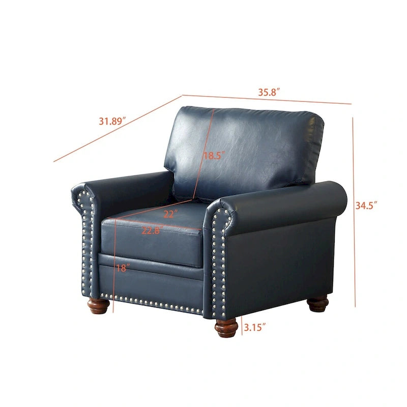 Fauteuil d'appoint en similicuir bleu marine avec clous décoratifs et pieds en bois