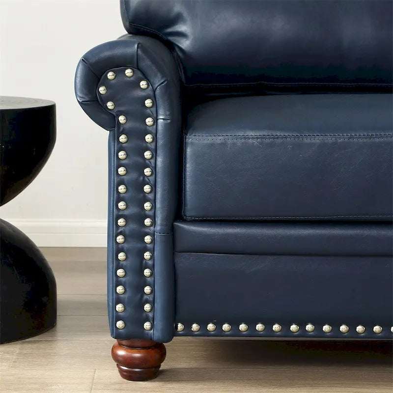 Fauteuil d'appoint en similicuir bleu marine avec clous décoratifs et pieds en bois