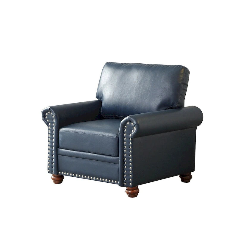 Fauteuil d'appoint en similicuir bleu marine avec clous décoratifs et pieds en bois