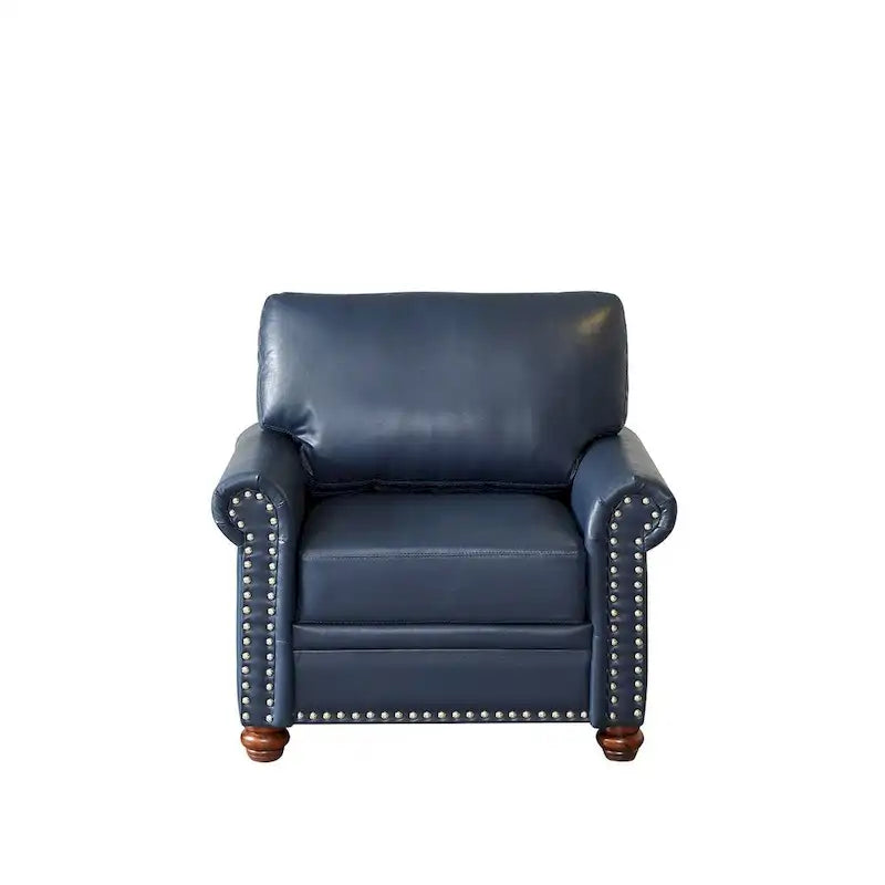 Fauteuil d'appoint en similicuir bleu marine avec clous décoratifs et pieds en bois