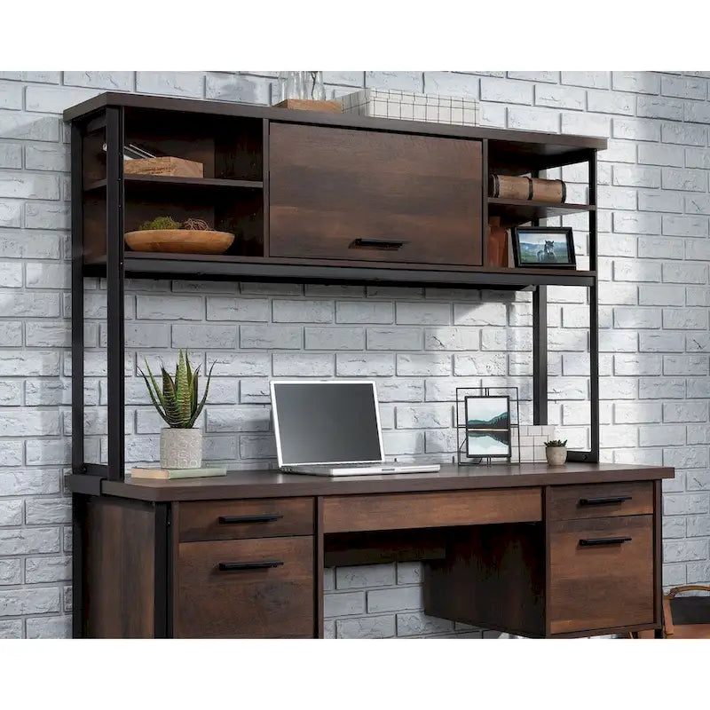 Bureau informatique Barrel Oak avec huche en métal et étagères réglables