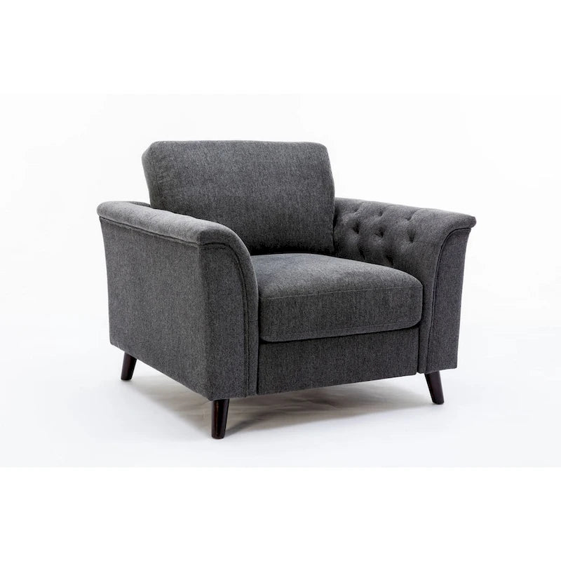 Fauteuil d'appoint capitonné en lin gris foncé, accoudoirs évasés, pieds en bois massif