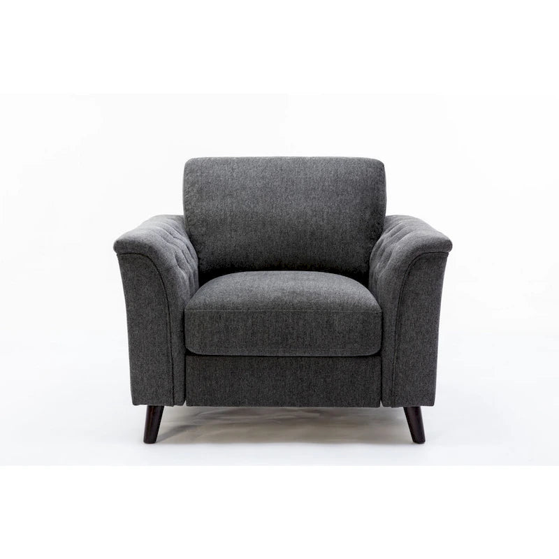 Fauteuil d'appoint capitonné en lin gris foncé, accoudoirs évasés, pieds en bois massif