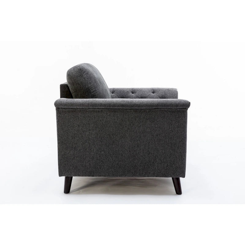 Fauteuil d'appoint capitonné en lin gris foncé, accoudoirs évasés, pieds en bois massif