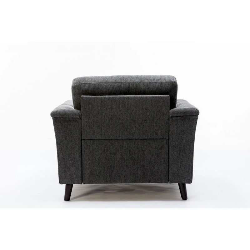 Fauteuil d'appoint capitonné en lin gris foncé, accoudoirs évasés, pieds en bois massif