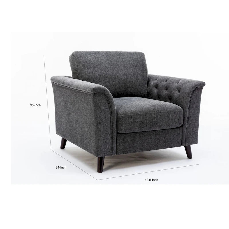 Fauteuil d'appoint capitonné en lin gris foncé, accoudoirs évasés, pieds en bois massif