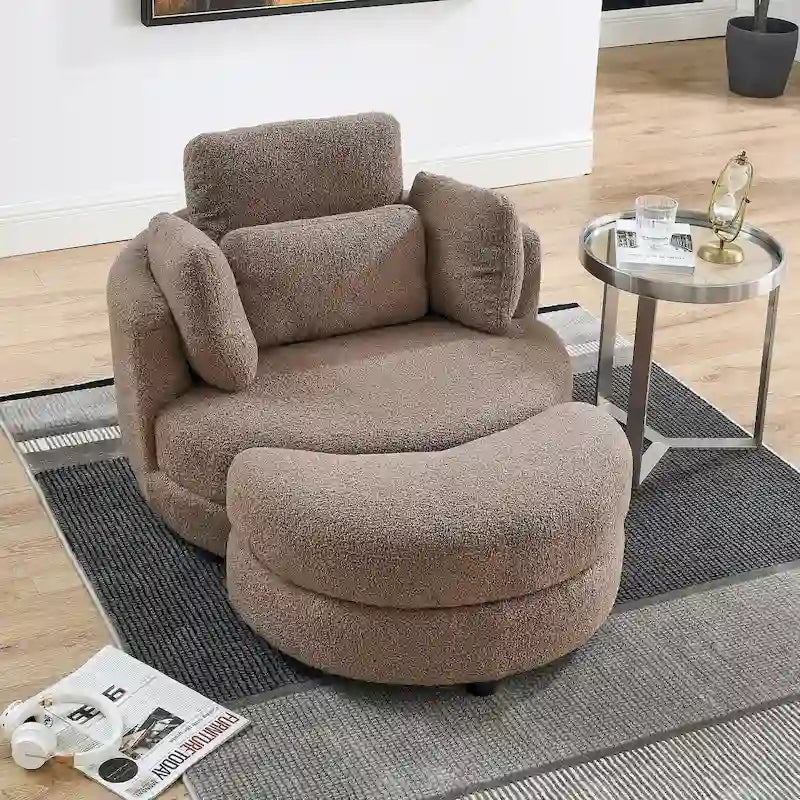 Fauteuil pivotant rond et surdimensionné de 39W avec pouf, tissu Bouclé couleur café