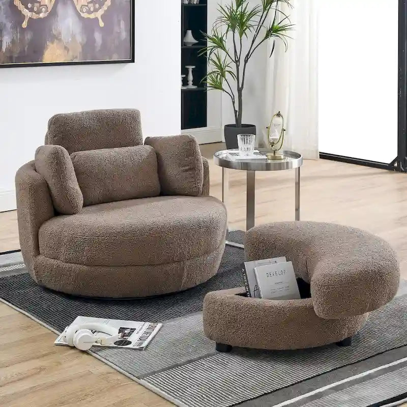 Fauteuil pivotant rond et surdimensionné de 39W avec pouf, tissu Bouclé couleur café