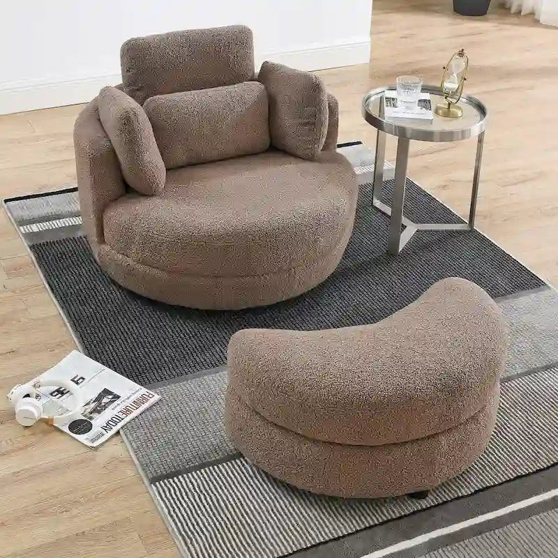 Fauteuil pivotant rond et surdimensionné de 39W avec pouf, tissu Bouclé couleur café