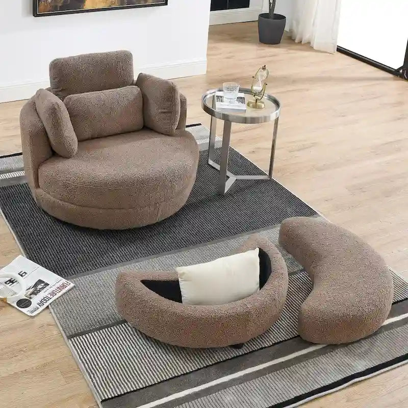 Fauteuil pivotant rond et surdimensionné de 39W avec pouf, tissu Bouclé couleur café
