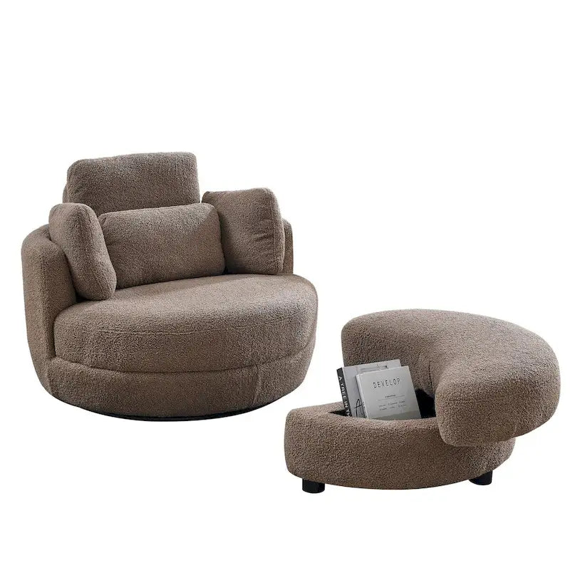 Fauteuil pivotant rond et surdimensionné de 39W avec pouf, tissu Bouclé couleur café