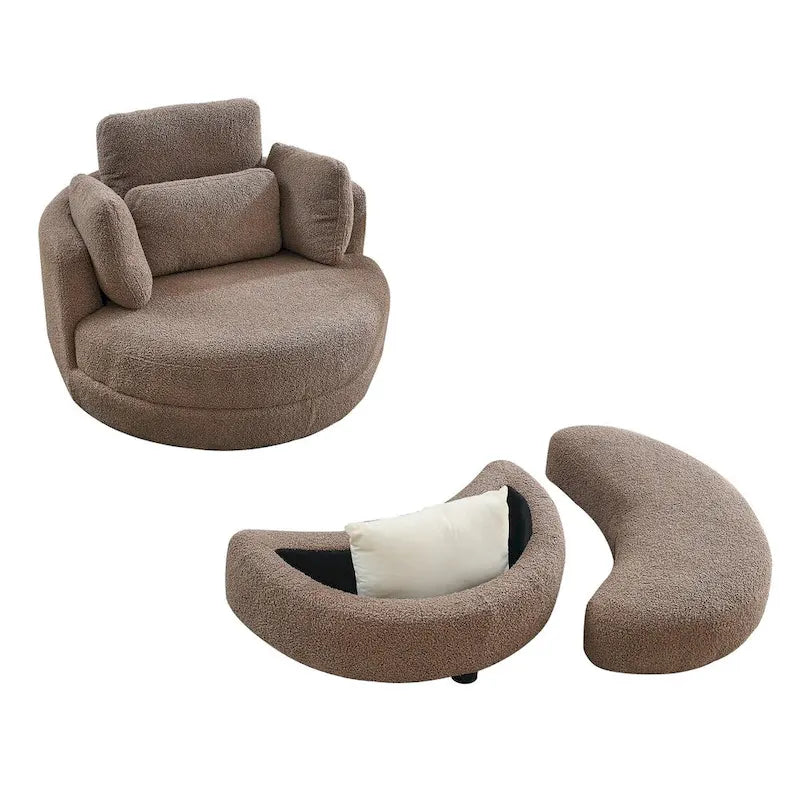 Fauteuil pivotant rond et surdimensionné de 39W avec pouf, tissu Bouclé couleur café