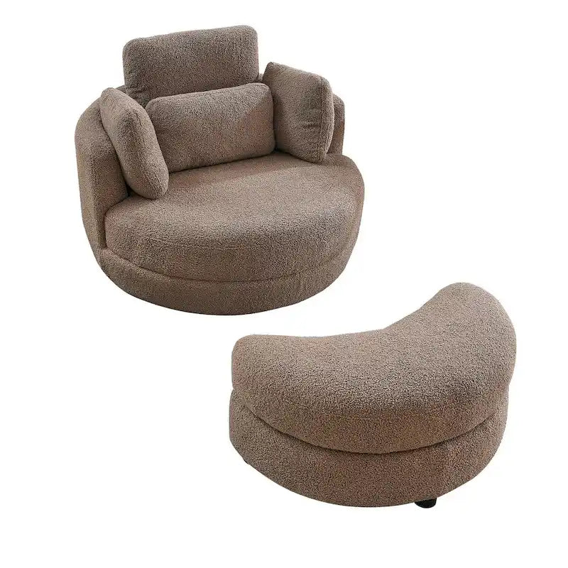 Fauteuil pivotant rond et surdimensionné de 39W avec pouf, tissu Bouclé couleur café
