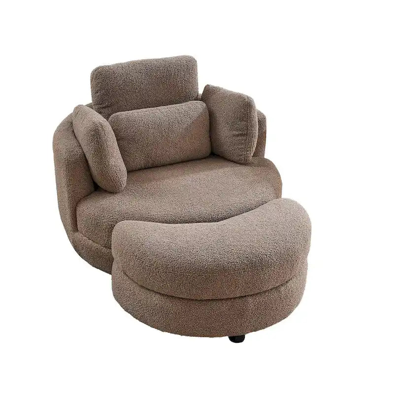 Fauteuil pivotant rond et surdimensionné de 39W avec pouf, tissu Bouclé couleur café