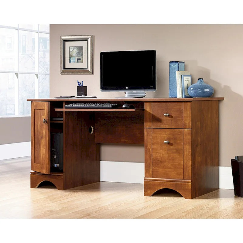 Bureau d'ordinateur de bureau avec tiroirs et rangements, finition bois foncé