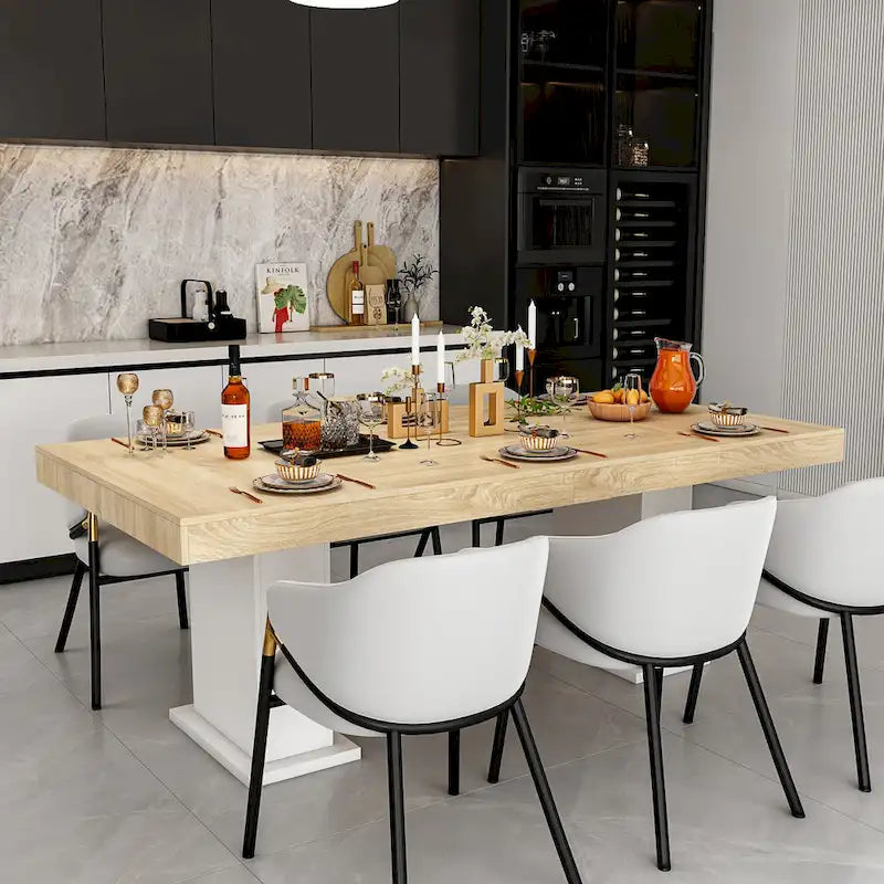 Bureau à plateau aspect bois clair avec piétement moderne blanc sur colonne