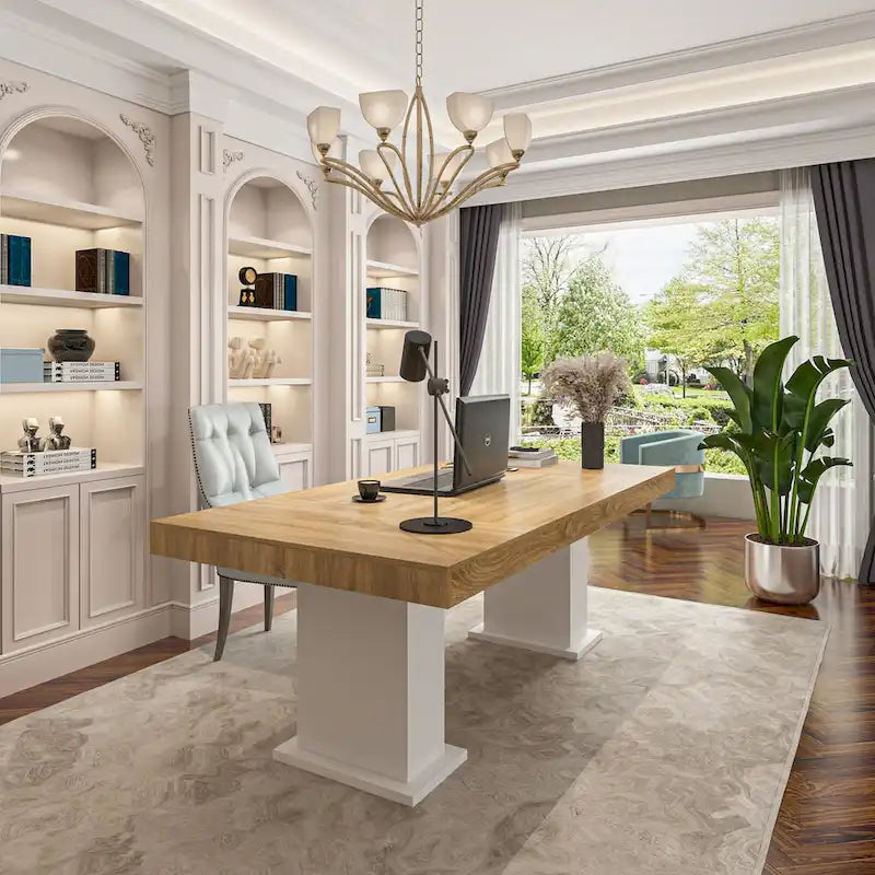 Bureau à plateau aspect bois clair avec piétement moderne blanc sur colonne