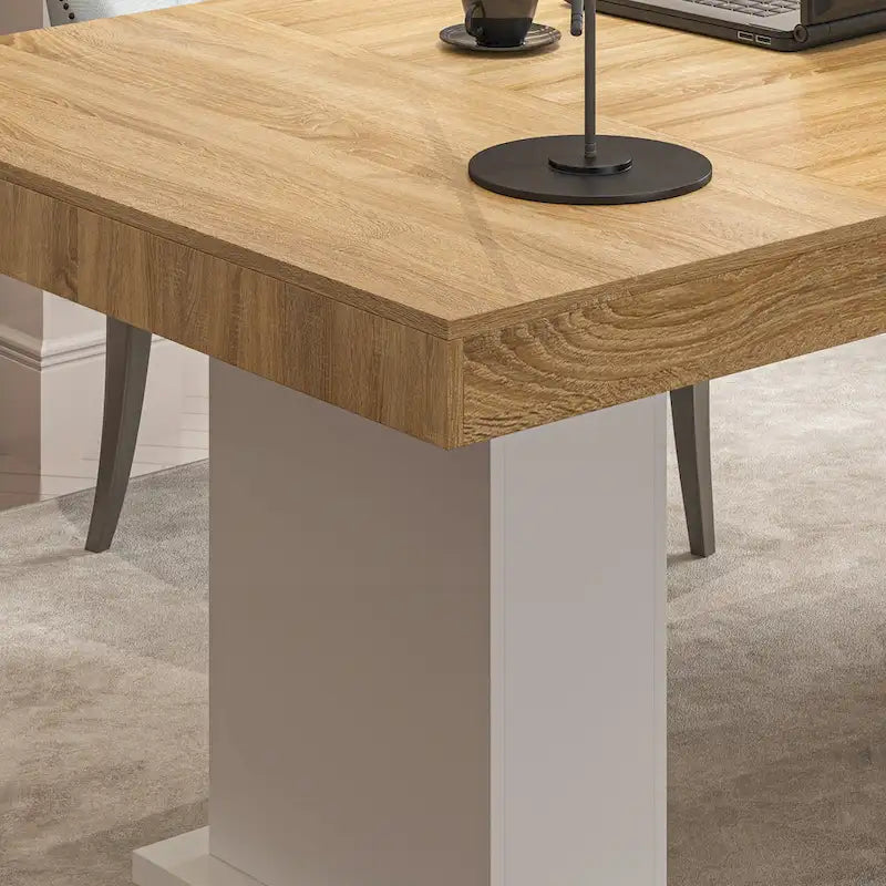 Bureau à plateau aspect bois clair avec piétement moderne blanc sur colonne