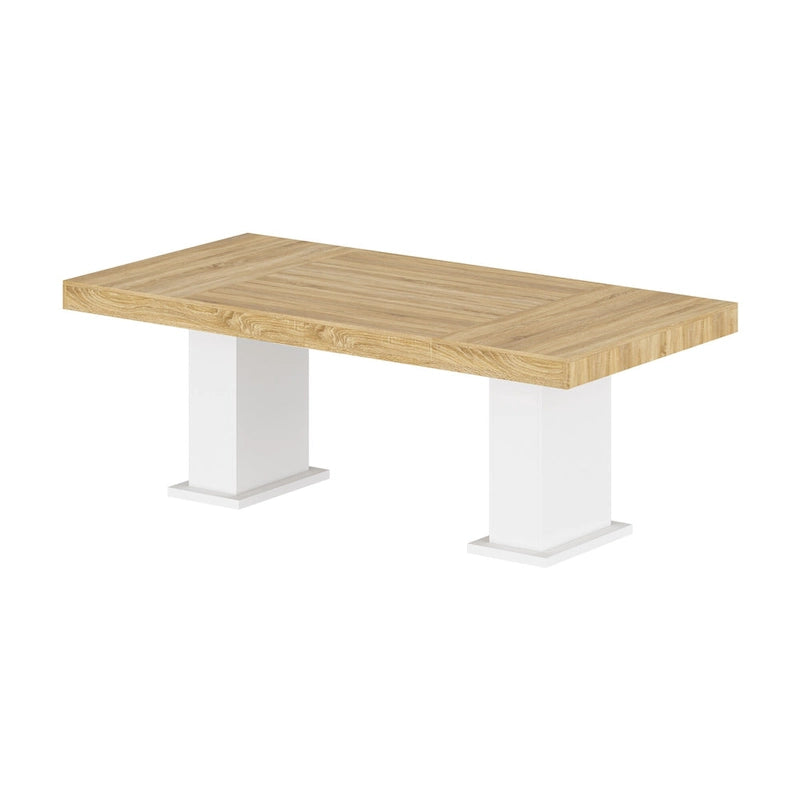 Bureau à plateau aspect bois clair avec piétement moderne blanc sur colonne