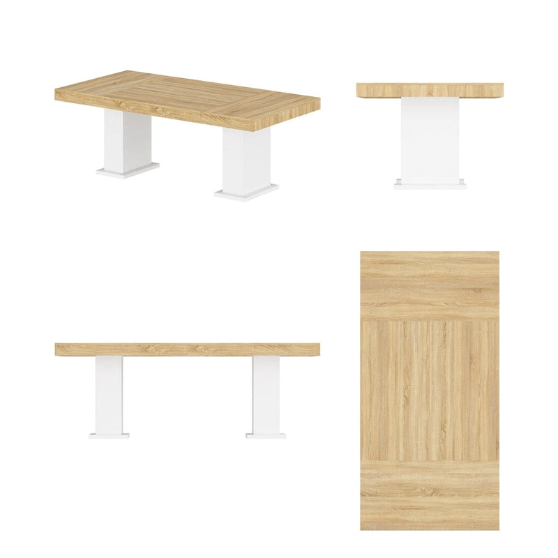 Bureau à plateau aspect bois clair avec piétement moderne blanc sur colonne
