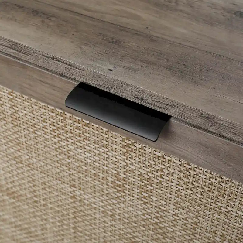 Meuble de rangement pour chaussures autoportant à 4 portes avec motif en rotin, gris foncé et bois burly