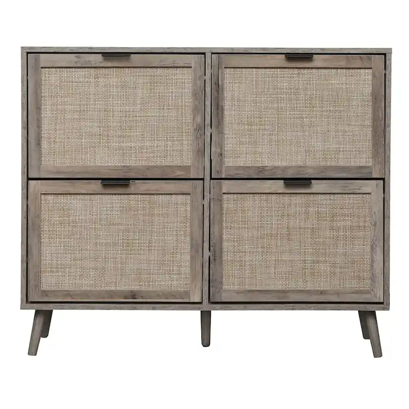 Meuble de rangement pour chaussures autoportant à 4 portes avec motif en rotin, gris foncé et bois burly